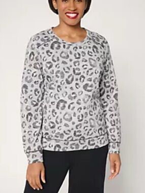 AnyBody Cotton French Terry Crewneck Leopard Sweatshirt Grey Small NWT